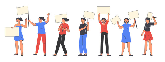 Fototapeta premium Female peaceful protest, women holding placards. Protesting activists, women rights and equality protest, woman manifestation activist group flat vector illustrations. Female strike concept