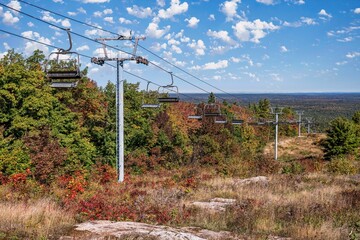 A chairlift mechanism sits idle during the autumn season at Calabogie Peaks, Ontario, Canada