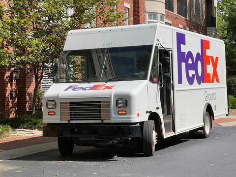 White iconic FedEx Ground white delivery truck