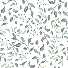 Watercolor seamless pattern with abstract floral branches and leaves  and berries. Hand drawn floral illustration on white background. For interior, packaging, wrapping  design or print. Vector eps.