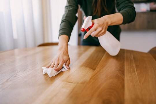 Female's hands cleaning kitchen table with cloth and detergent.