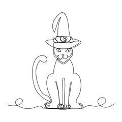A cat in witch hat continuous one line drawing. Vector illustration on isolated background.