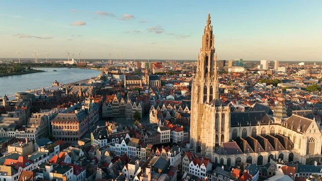 4K Aerial view of cityscape of Antwerp, gothic style landmark Cathedral of Our Lady Antwerp and historic center of city Belgium from above, Europe