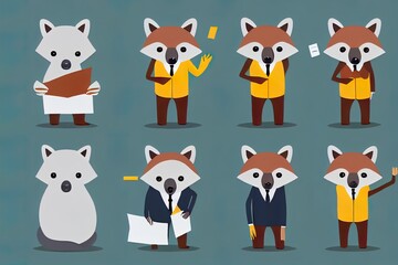 Obraz premium Animal characters anthropomorphic set illustration. Cartoon funny koala in office outfit holding paper document, fox businessman in suit, sloth practicing yoga relaxation isolated on white