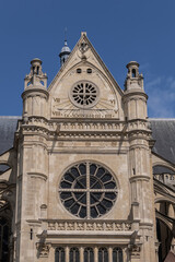 Architectural fragments of Paris Saint-Eustache church (Eglise Saint Eustache, 1532 - 1637). Saint-Eustache church located in Les Halles area of Paris. UNESCO World Heritage Site. Paris, France.