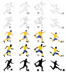 Soccer football players in action vector illustration sketch and line drawing set