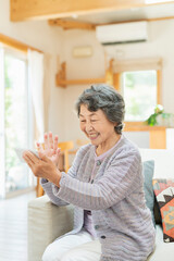 自宅で孫とテレビ電話をするシニア女性