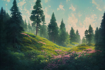 Beautiful illustration of forest with flowers