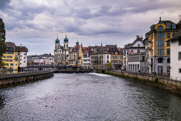 Naklejka premium View of the river and the old town of Lucerne - Switzerland