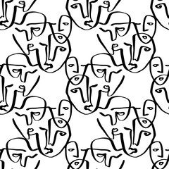 Simple hand drawn faces black and white trendy line portrait art. Abstract seamless pattern. Monochrome print for clothes, textile and other. Vector illustration. Good for posters, pillows, modern - obrazy, fototapety, plakaty