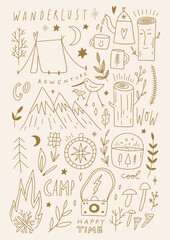 Camp adventure doodle symbols, travel icons set, hand drawn camping bundle. Vector and jpg printable images, unique boho clipart illustrations, editable isolated details. Perfect for poster or