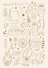 Obraz premium Camp adventure doodle symbols, travel icons set, hand drawn camping bundle. Vector and jpg printable images, unique boho clipart illustrations, editable isolated details. Perfect for poster or