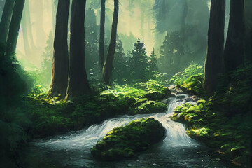 Beautiful forest illustration with water