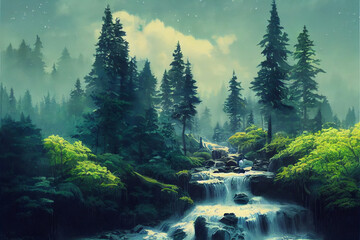Beautiful forest illustration with water