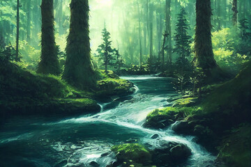 Beautiful forest illustration with water