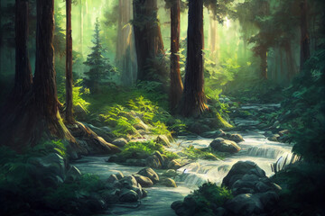 Fototapeta premium Beautiful forest illustration with water
