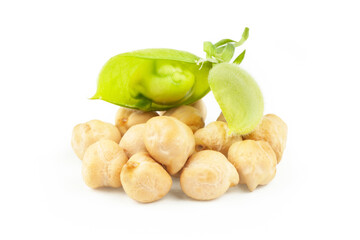Uncooked dried chickpeas with raw green chickpea pod plant isolated on white background. Heap of...