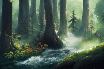 Beautiful forest illustration with water