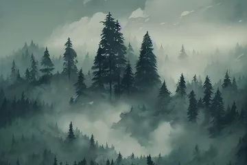 Tissu par mètre Forêt dans le brouillard Forest filled with mist illustration