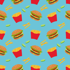 Seamless vector pattern of hamburger and French fries. For printing, wrapping paper, restaurant menus, packaging, books, postcards, magazine covers, web pages, fabrics, textiles, grocery stores.