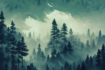 Forest filled with mist illustration