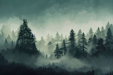 Forest filled with mist illustration