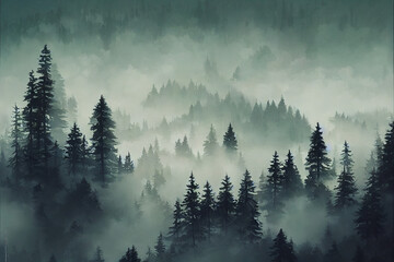 Forest filled with mist illustration