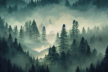Forest filled with mist illustration