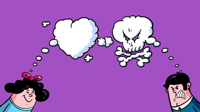 Bubble speeches of skull and heart shape and two cartoon characters. Man is angry with a woman. Cartoon symbols of thinking and emotions of partners. Good and bad. I love you, but you hate me.