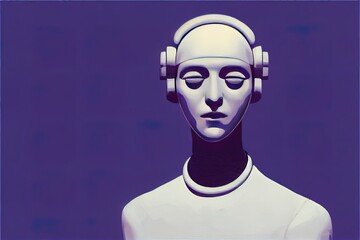 white anthropomorphic robot artist near wall with its paintings, close portrait neural network generated art, picture produced with ai in 2022