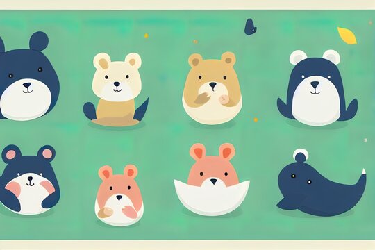 Cute baby animals set. Funny childish characters in clothes. Nursery bundle of fairytale bear, goose, rabbit, whale, frog and plants. Childrens flat 2d illustrations isolated on white background