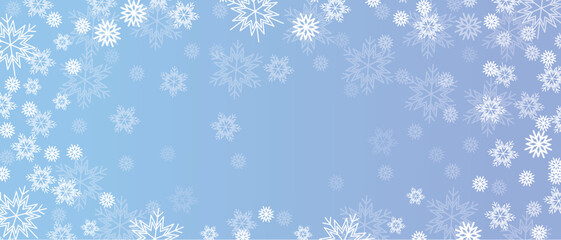 Horizontal background with snowflakes. Winter mood. Template for a banner. White snow on blue sky
