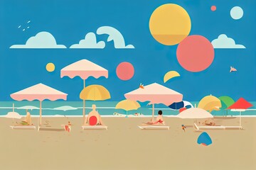 Fototapeta na wymiar Cute animals are enjoying vacation on the beach. flat design style minimal 2d illustration.