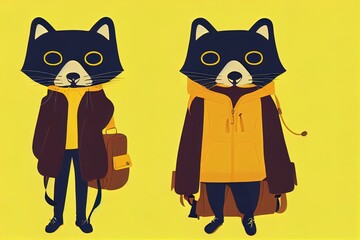 Obraz premium A Hipster Polecat, 2d illustration. Casually dressed anthropomorphic weasel wearing a yellow raincoat and backpack. Humanized ermine. A teenager. A student. An animal character with a human body