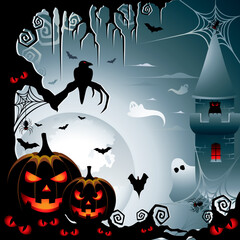 Halloween design with pumpkins and raven standing on a spooky tree in the blue night with full moon, bats and ghosts behind the old castle's tower
