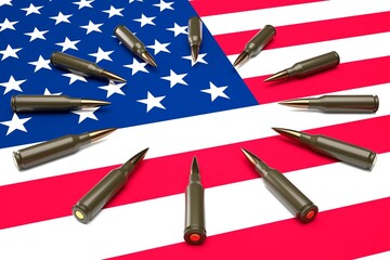 Cartridges on the flag of USA. Military concepts related to crime, war and the firearms trade. Realistic 3d rendering of a bullet