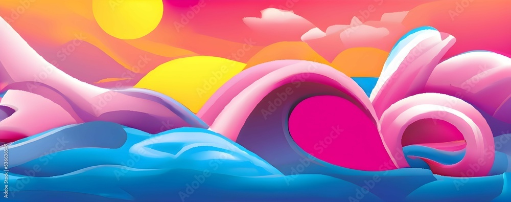 Sticker Abstract background illustration of ocean waves and moon  in pastel colors for wallpaper