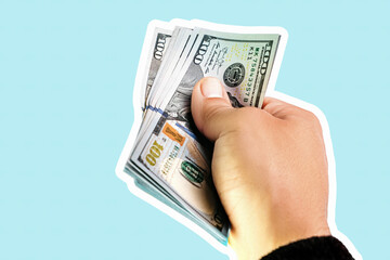 Hand holding american dollars, close up collage on blue background. Modern design, contemporary art collage.