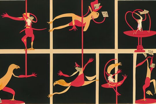 Illustration of an anthropomorphic creature with six arms poledancing while a parrot is throwing money and a human is looking at the performance