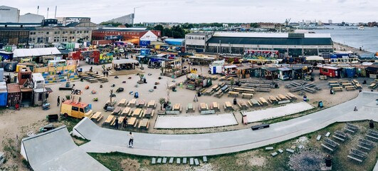 Fototapeta premium Panorama of Reffen Copenhagen Street Food in Copenhagen, Denmark