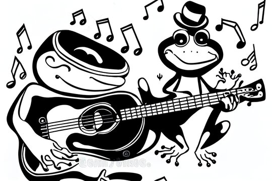 black and white frogs playing guitar music clip art preview