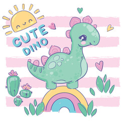 Cute little Dinosaur girl hand drawn summer print for kids clothes, t-shirts Vector Illustration