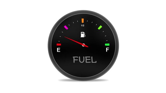 Fuel Gauge dashboard in circle speedometer animation on white Background. Gasoline Indicator Full Diesel Arrow. 4K Video 