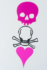 skull head, skull head and crossbones and hot pink heart
