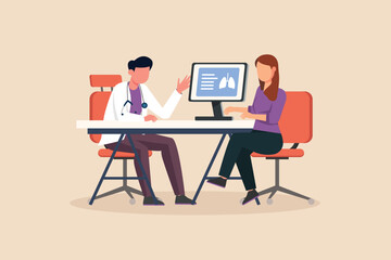 Male doctor showing scan x ray results to female patient. Doctor and patient concept. Vector illustration. 