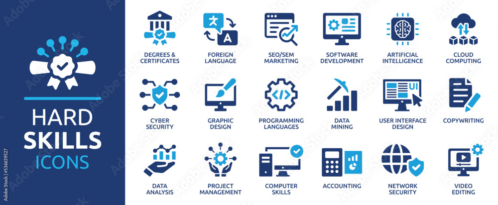 Leinwandbilder Hard skills icon set. Containing degree certificates, foreign language, software, computer skill and more. Solid vector symbol collection.