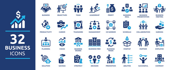 Business icon set. Business team, meeting, partnership, startup, planning, company, management, profit and successful key icons. Solid icons vector collection. - obrazy, fototapety, plakaty