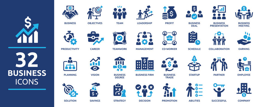 Business icon set. Business team, meeting, partnership, startup, planning, company, management, profit and successful key icons. Solid icons vector collection.