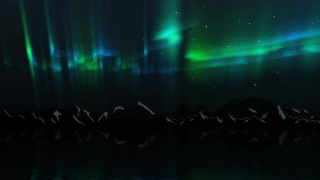 Aurora Borealis Lights over Mountain Silhouette 4K Loop features a mountain range silhouette with water reflection with Aurora Borealis style lights behind in a loop.