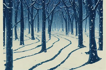 Snow trail in the winter forest. Winter snow forest. Winter snow forest trail